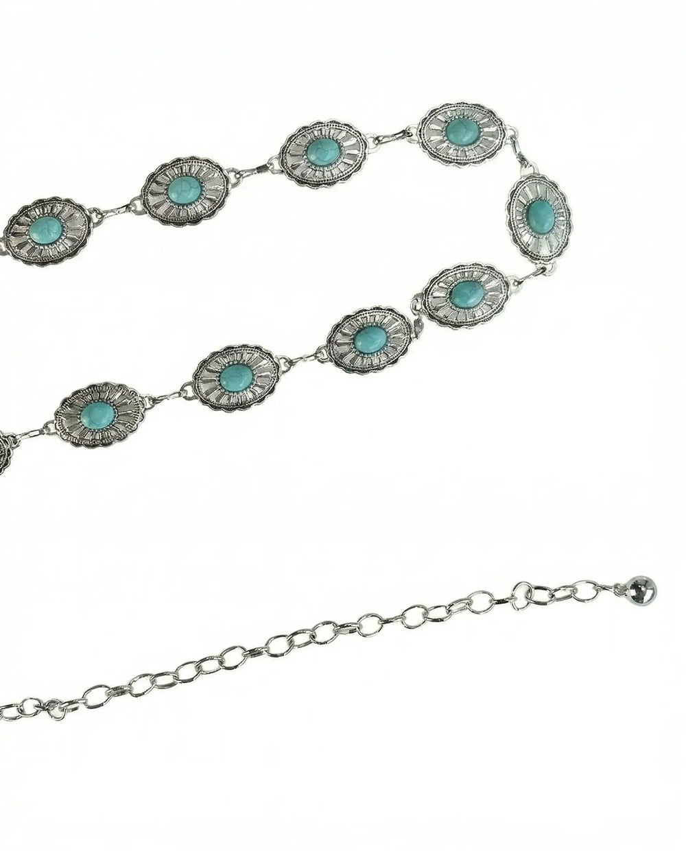 SOLACE  Silver Tone Metal Turquoise Inlay Western Style Waist Chain Belt 