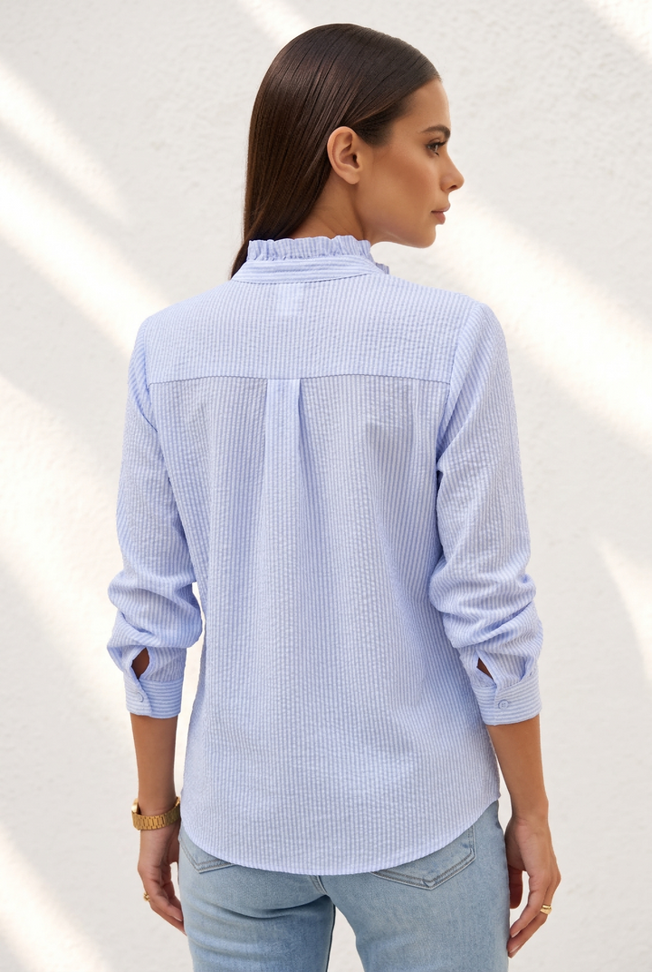 Women Striped Ruffle Stand Collar Long Sleeve Blouse