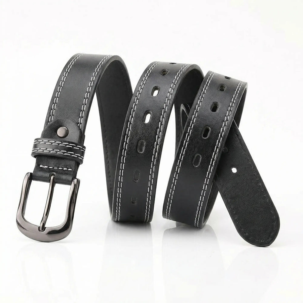 SOLACE  Black PU Leather White Stitching Gunmetal Buckle Casual Belt 