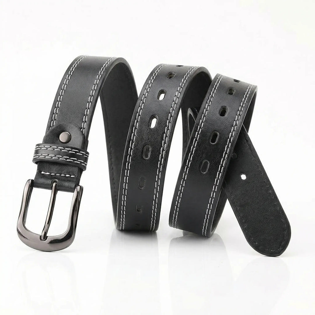 SOLACE  Black PU Leather White Stitching Gunmetal Buckle Casual Belt 