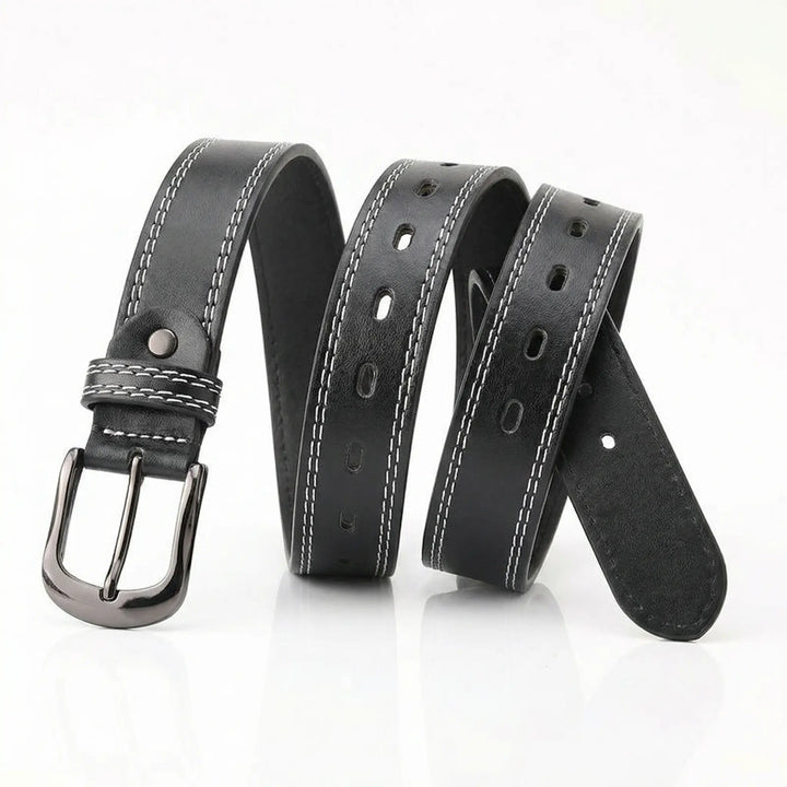 SOLACE  Black PU Leather White Stitching Gunmetal Buckle Casual Belt 