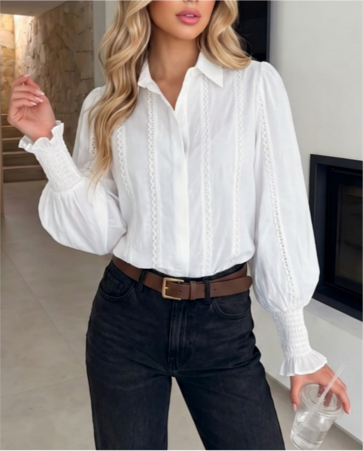 Lace Panel Puff Sleeve Collared Blouse