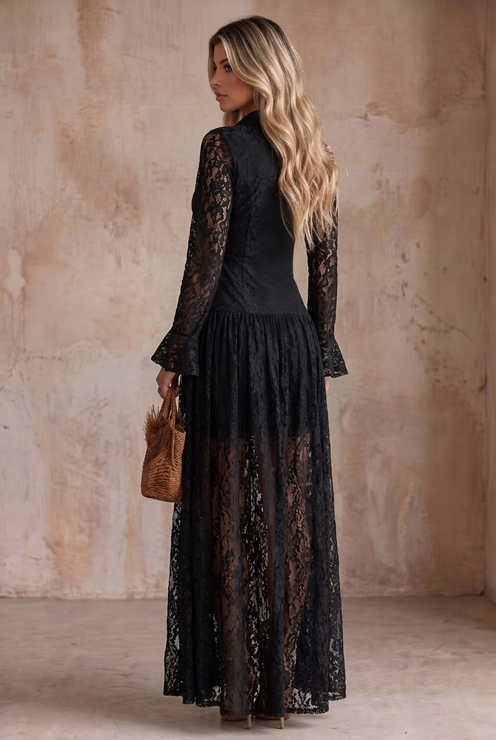 Black Lace Front Zipper Long Sleeve  Maxi Dress