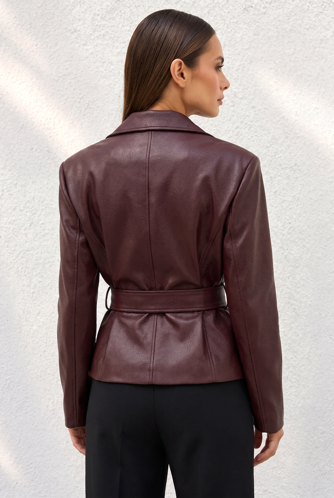 Waist Tie Notched Lapel Faux Leather Jacket