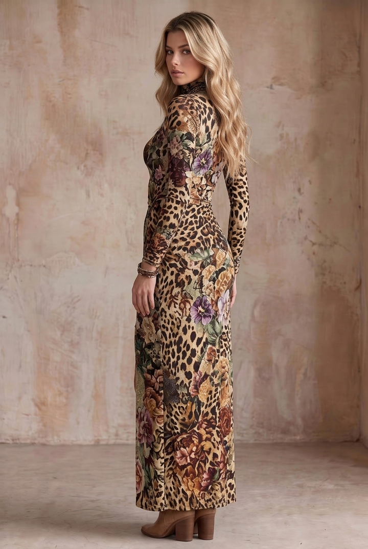 Leopard Flower Print Long Sleeve Side Slit Maxi Dress