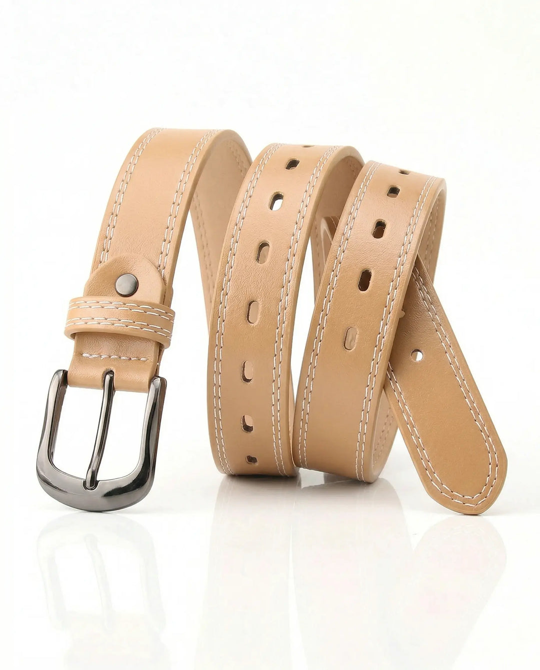 SOLACE  Khaki PU Leather White Stitching Gunmetal Buckle Casual Belt 