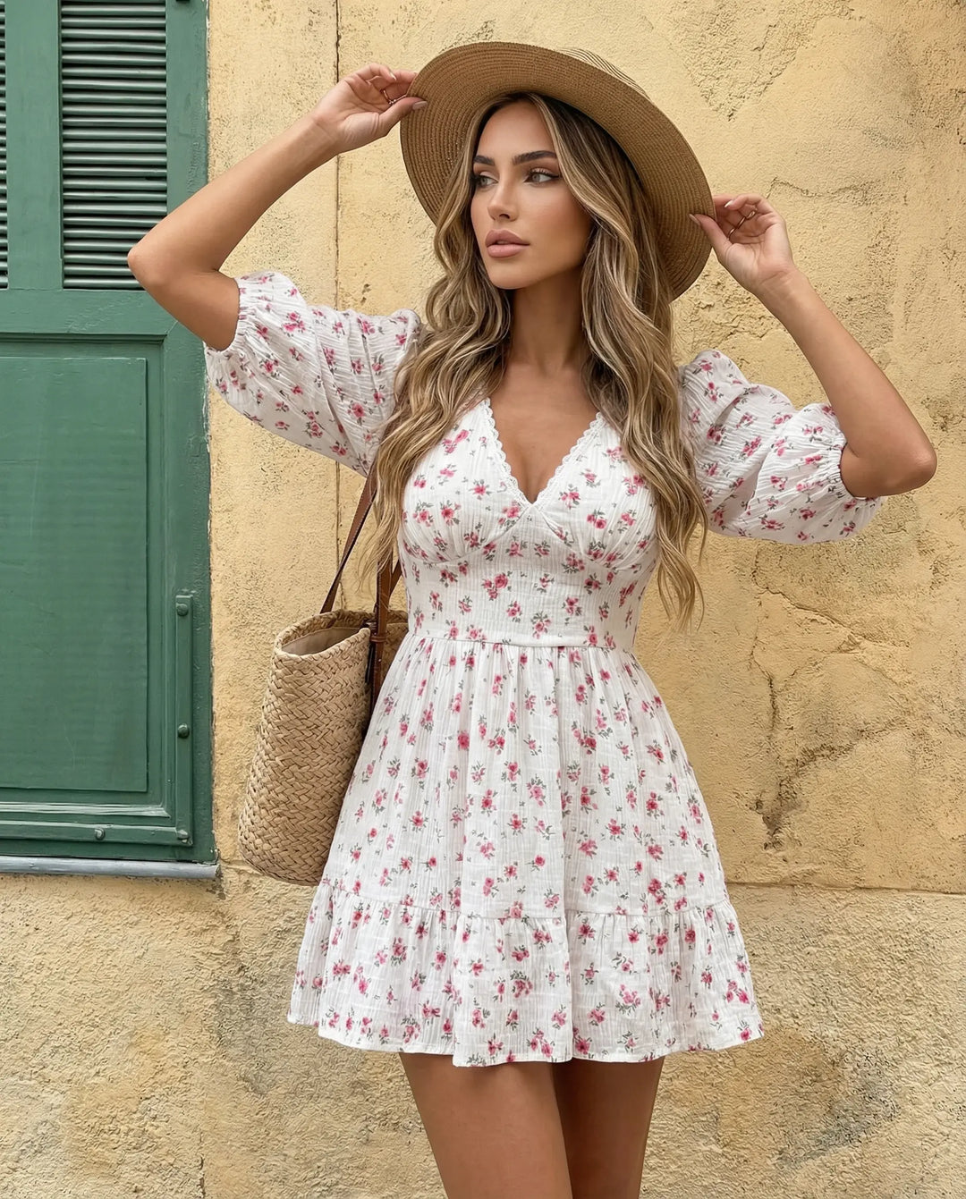 SOLACE  White Floral Print Lace Trim Puff Sleeve Mini Dress 