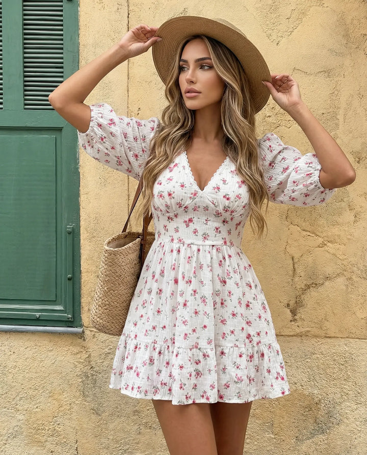 SOLACE  White Floral Print Lace Trim Puff Sleeve Mini Dress 