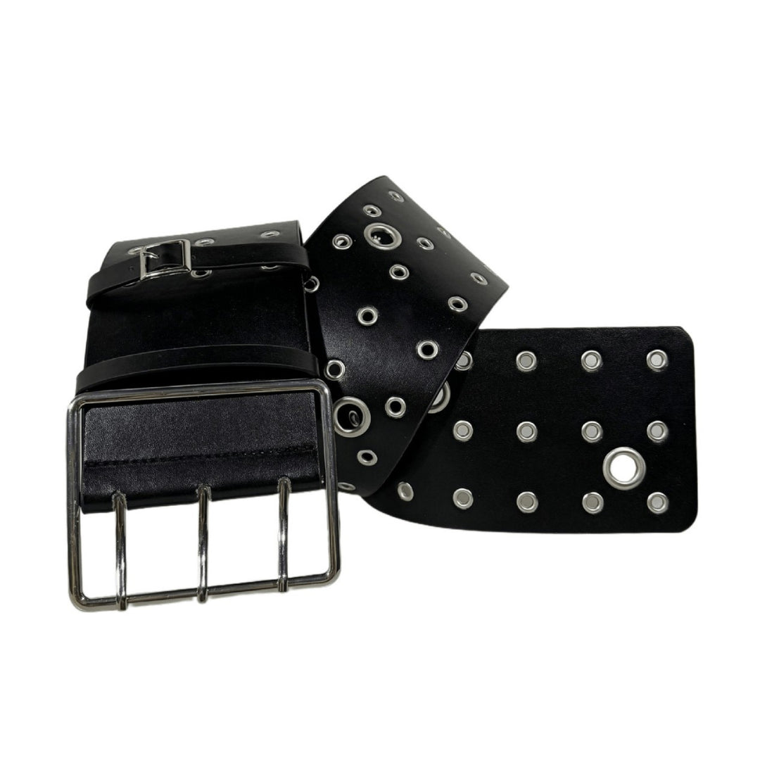 Triple Prong Grommet Wide PU Leather Punk Belt
