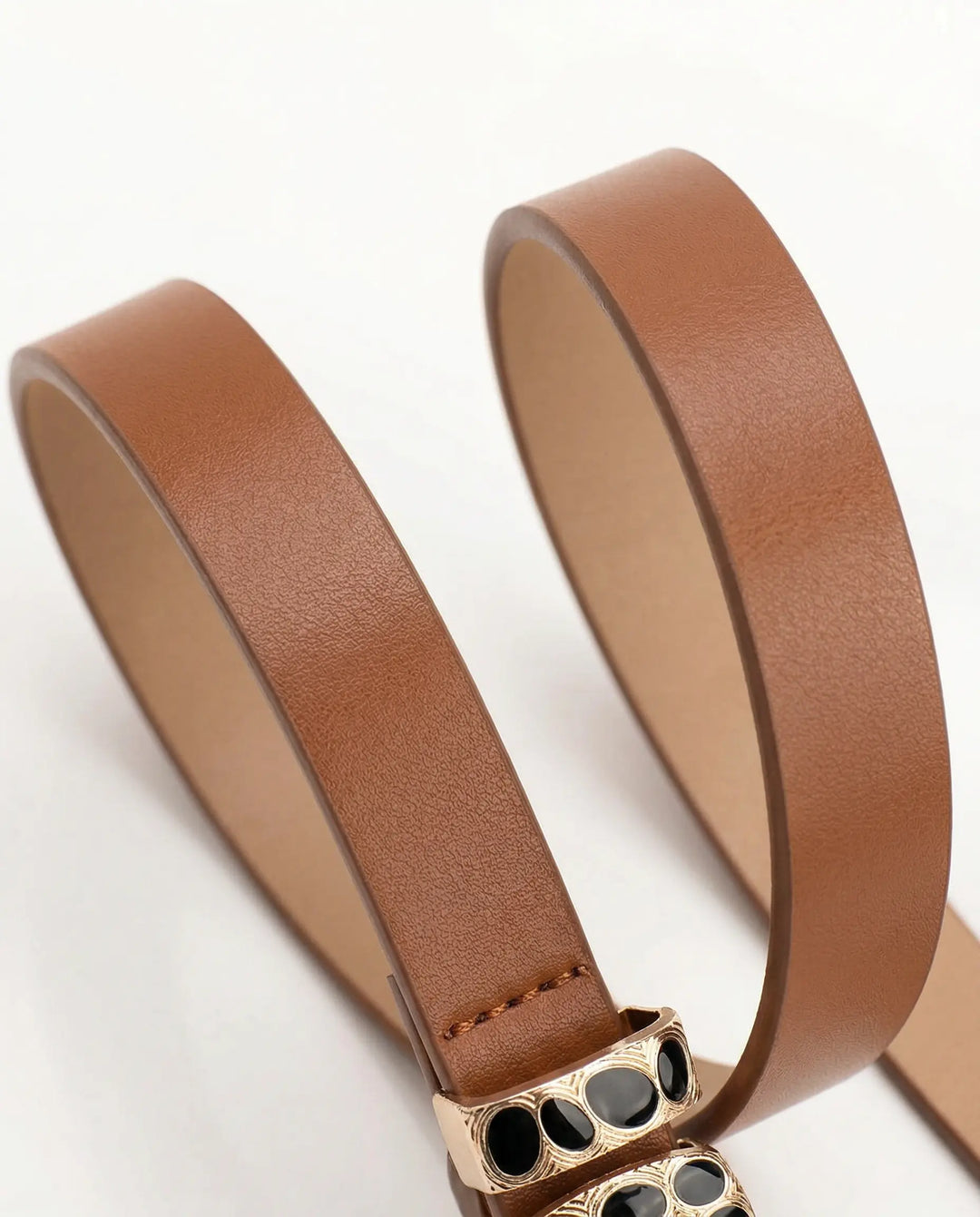 SOLACE  Tan PU Gold Tone Black Enamel Pebble Inlay Modern Belt 