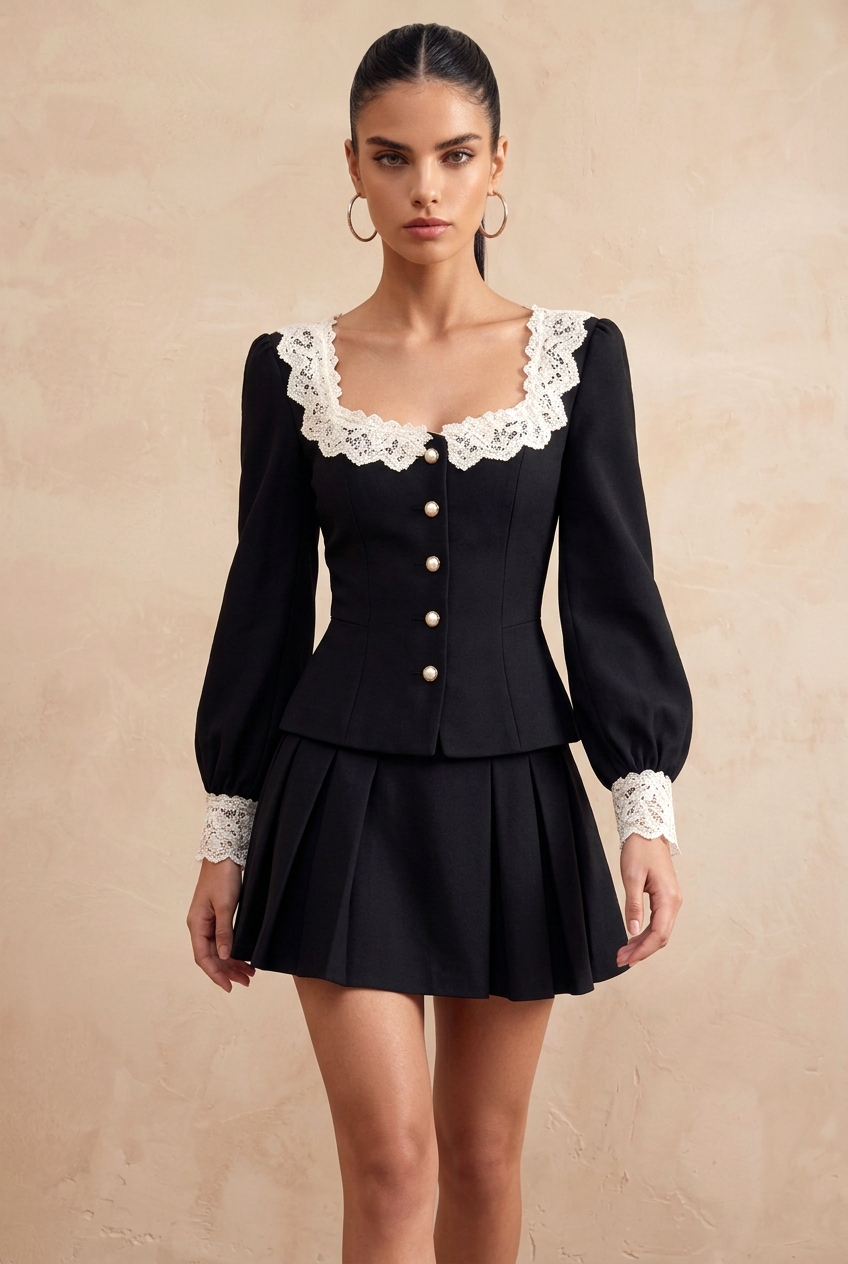Black Lace Trim U-Neck Pearl Button Two Piece Skirt Set