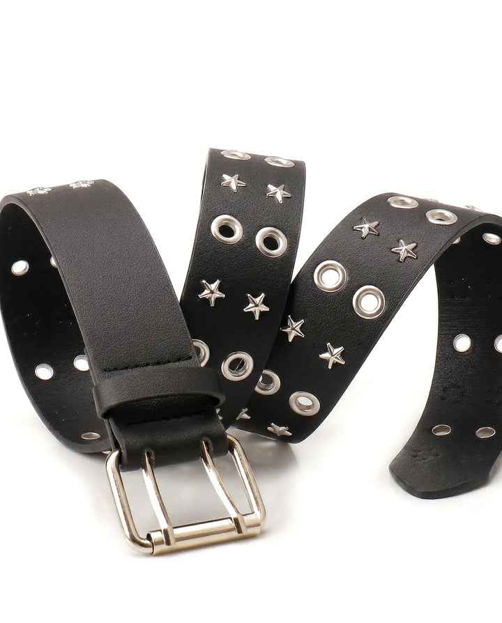 SOLACE  Black Faux Leather Star Studded Double Prong Punk Belt 