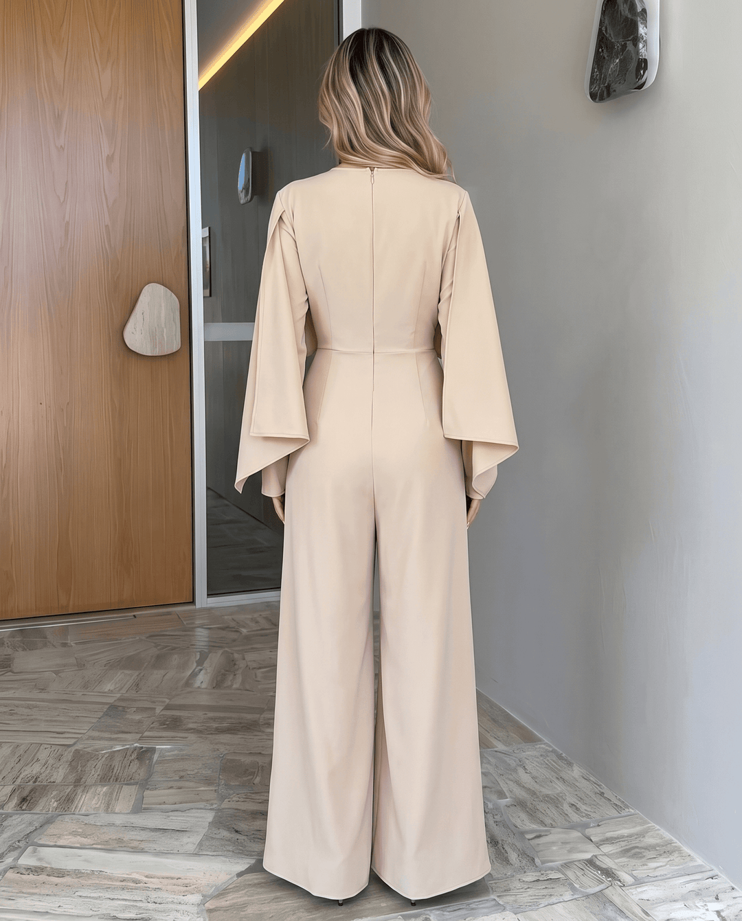 Cape Batwing Sleeve High Waist Wide Leg Jumpsuit