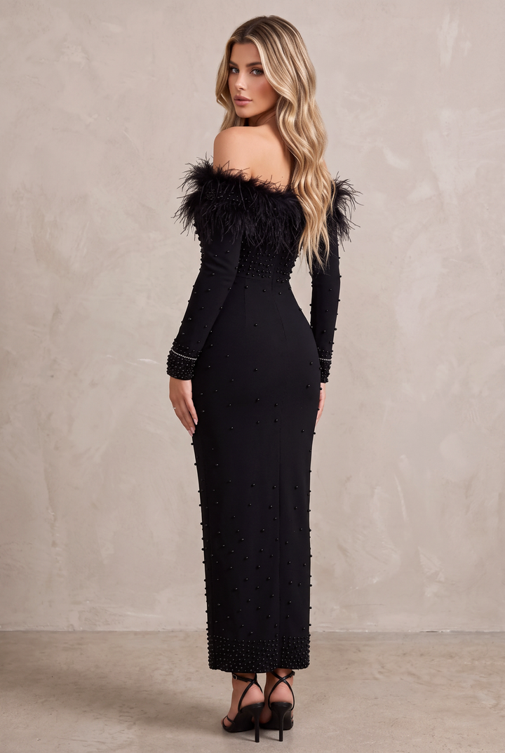 Off Shoulder Feather Beaded Midi Bodycon Dress