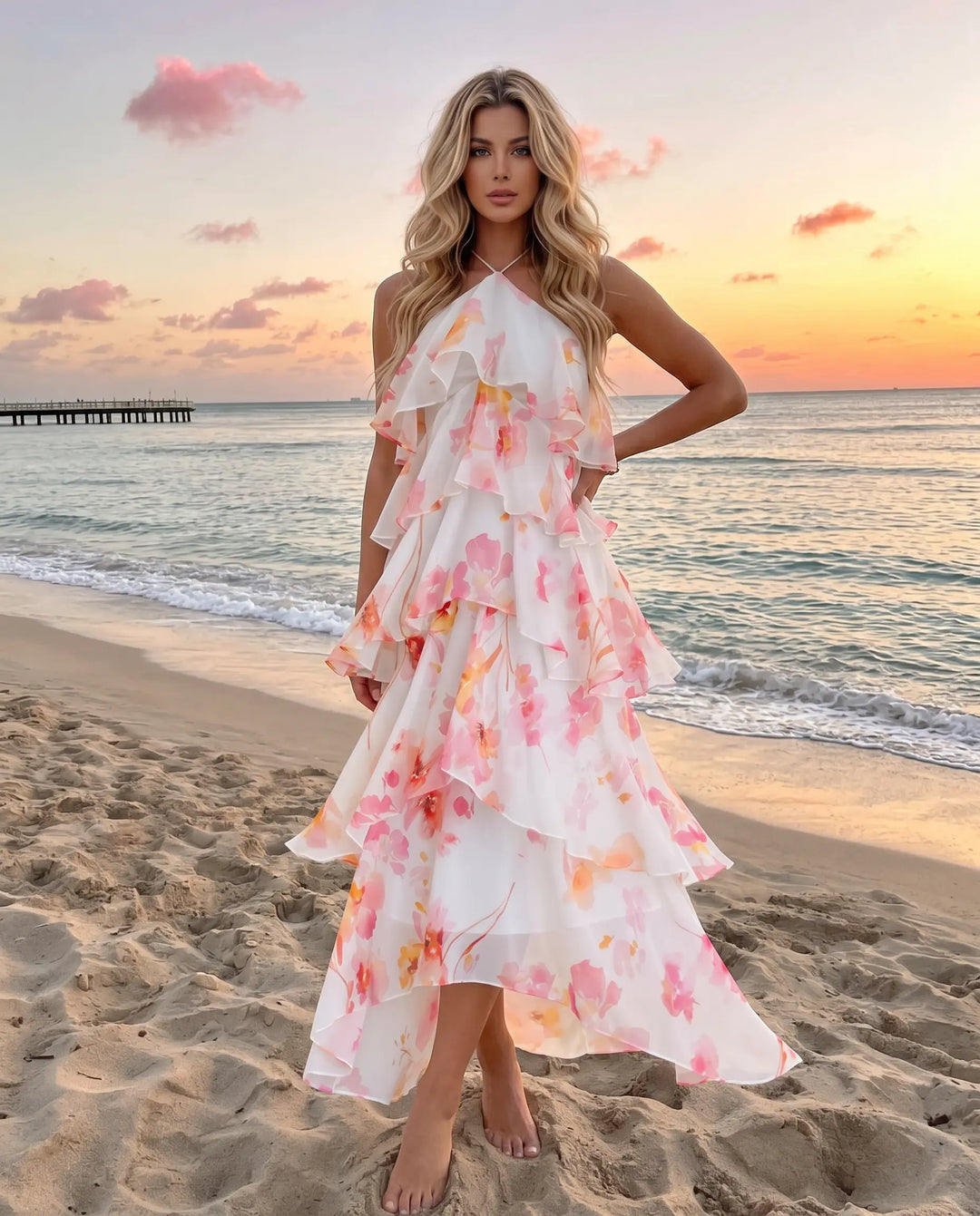 SOLACE  White Floral Vacation Tiered Ruffled Relaxed Maxi Dress 