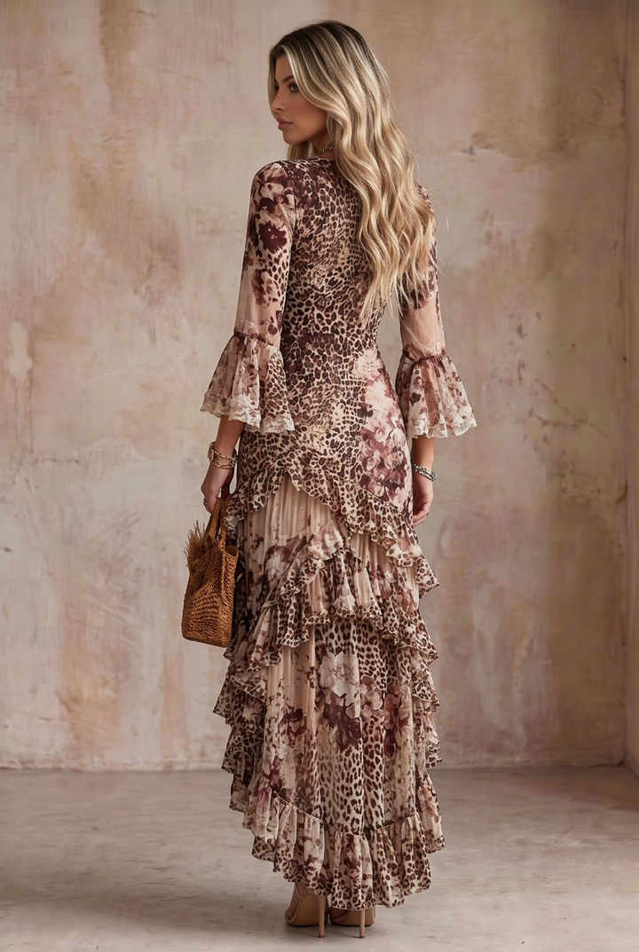Irregular Tiered Ruffle Leopard Floral Print Dress