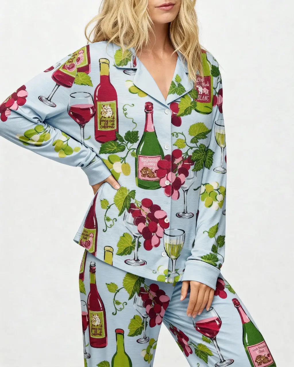 SOLACE CHICGrapes Wine Bottles Print Pajama Set