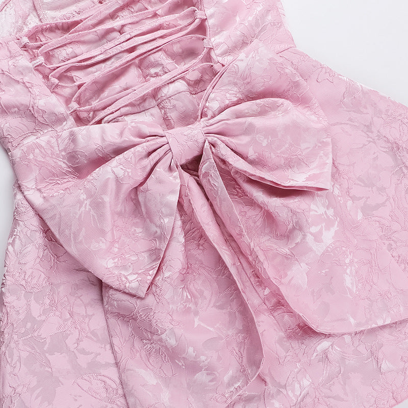 Pink Back Bow Jacquard Strapless Mini Dress