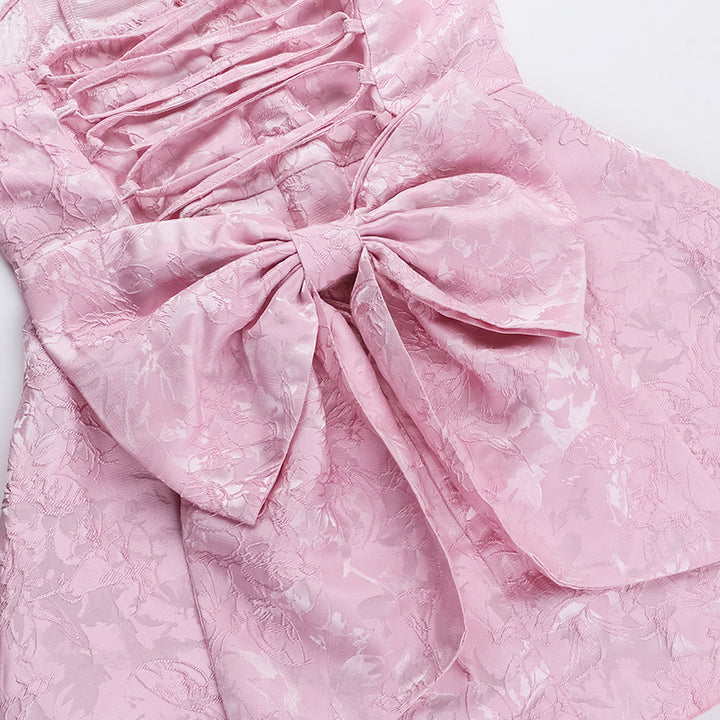 Pink Back Bow Jacquard Strapless Mini Dress