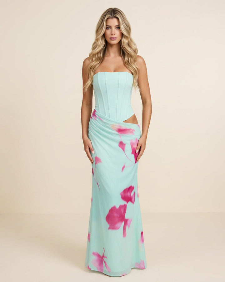 SOLACE  Floral Print Strapless Corset Side Cutout Maxi Dress 