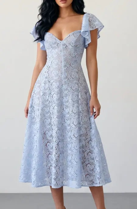 SOLACE  Sky Blue Floral Lace Fitted Waist Midi Dress 