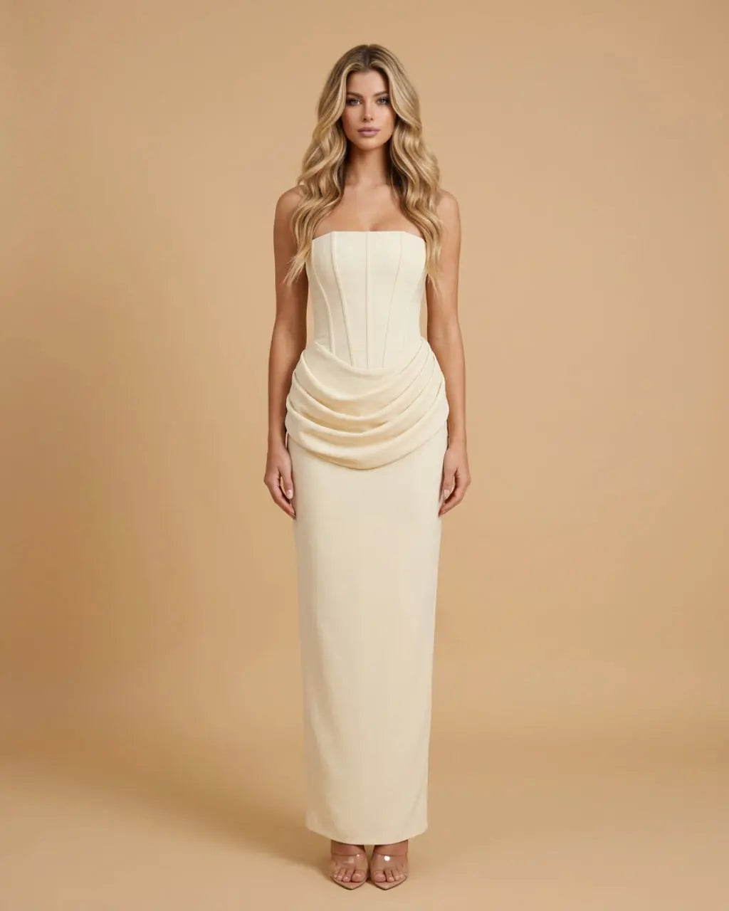 SOLACE  Cream Strapless Corset Draped Waist Maxi Bodycon Dress 