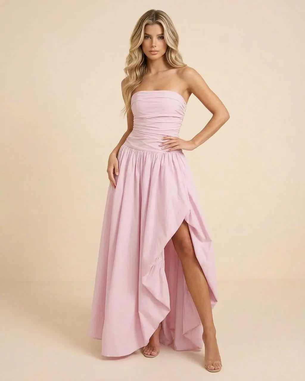 Pink Strapless Ruched High Slit Maxi Dress SOLACE