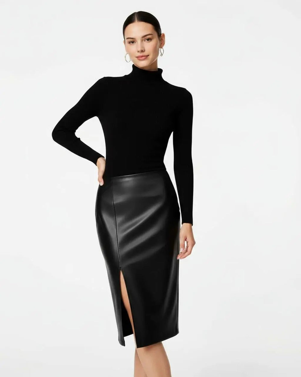 Leather Side-Slit Pencil Midi Skirt SOLACE