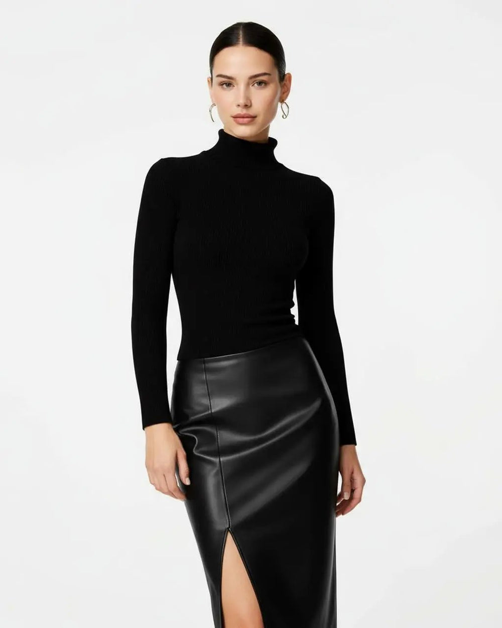 SOLACE  Black Leather Side-Slit Pencil Midi Skirt 