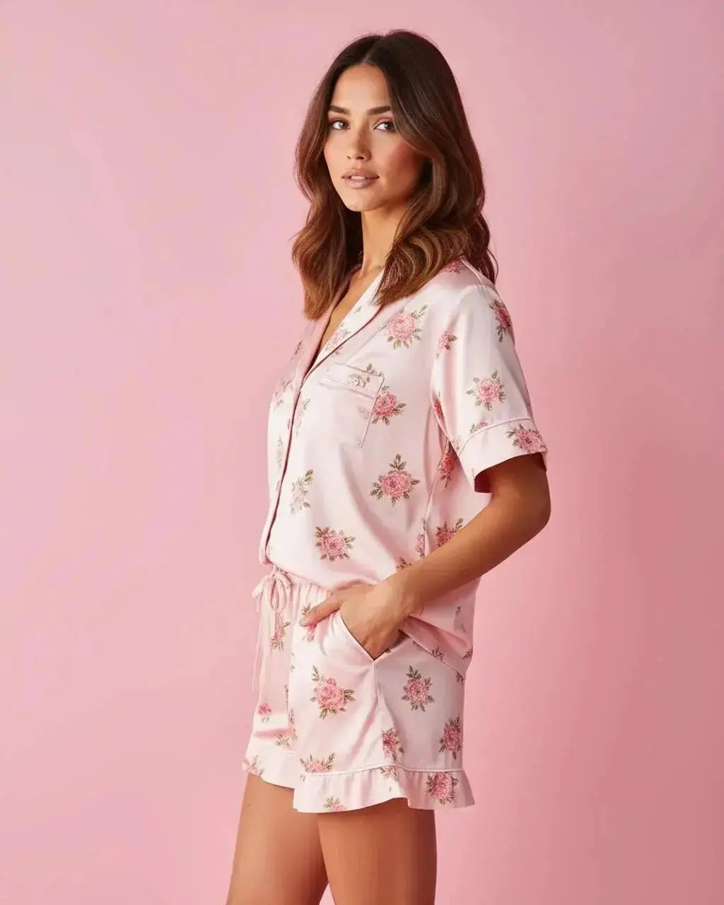 SOLACE CHICPink Floral Print Comfortable Satin Short-Sleeve Pajama Set