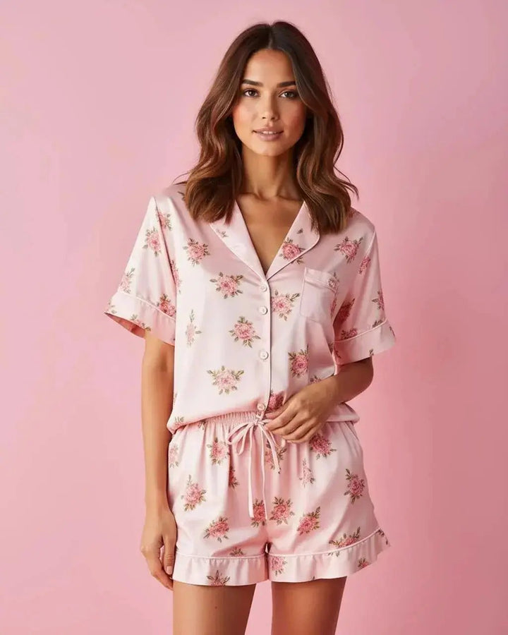 SOLACE CHICPink Floral Print Comfortable Satin Short-Sleeve Pajama Set