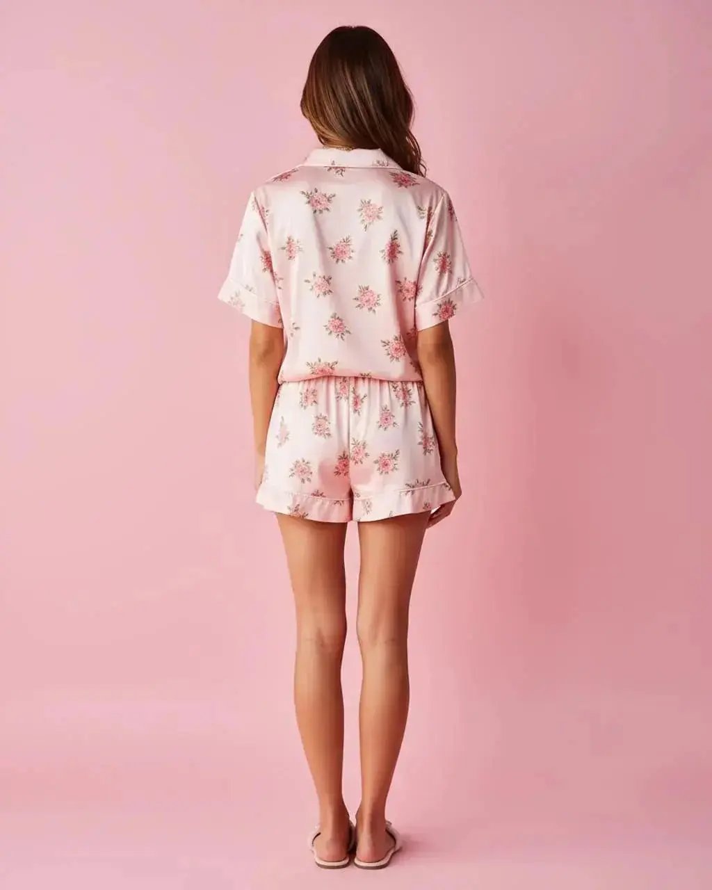 SOLACE CHICPink Floral Print Comfortable Satin Short-Sleeve Pajama Set
