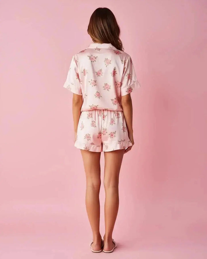 SOLACE CHICPink Floral Print Comfortable Satin Short-Sleeve Pajama Set