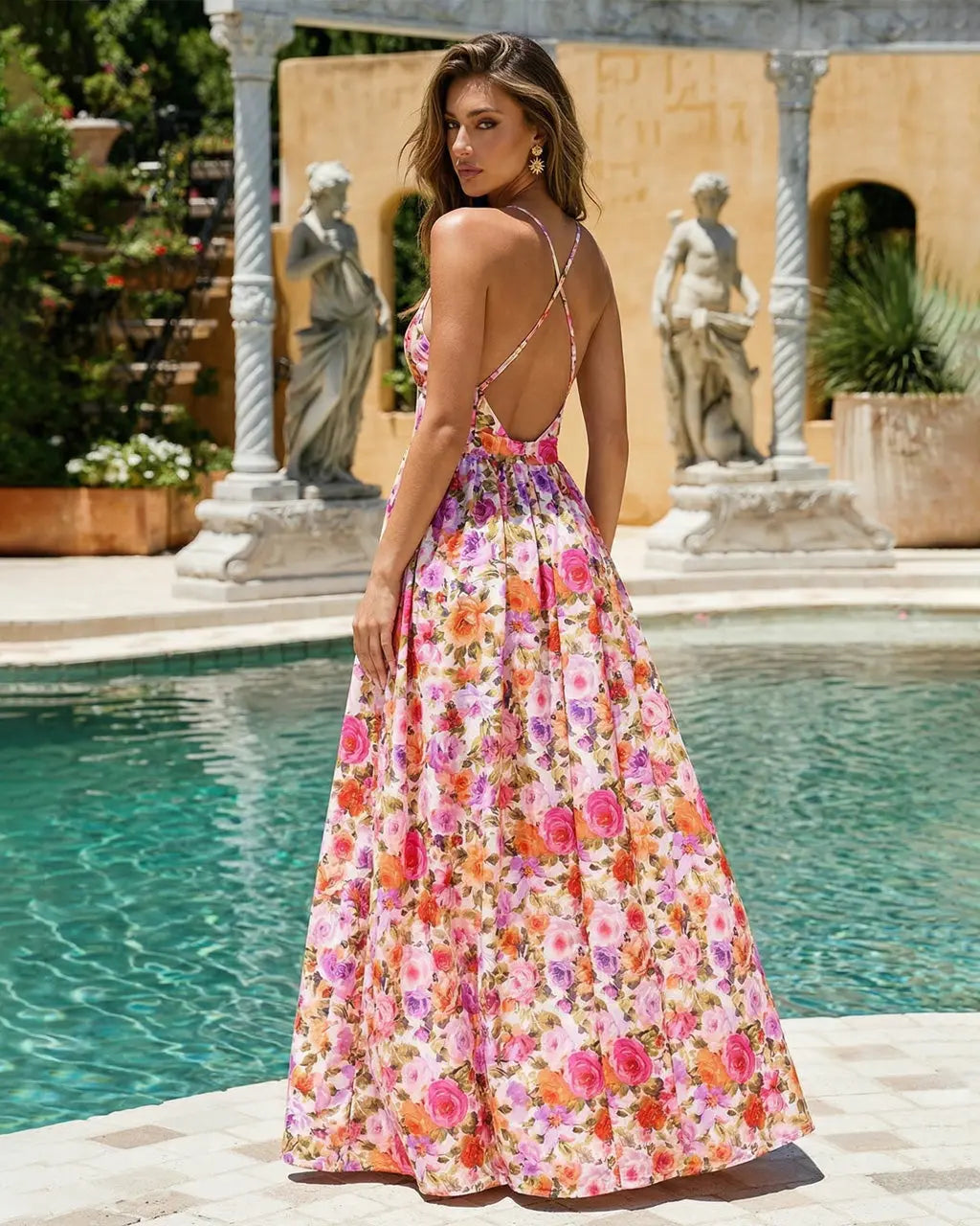 Pink Cut Out Floral Print Chiffon Slim Fit Maxi Dress SOLACE