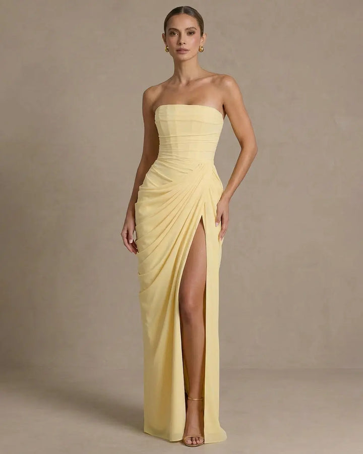 Elegant Corset Back Strapless Draped Side Slit Maxi Dress SOLACE