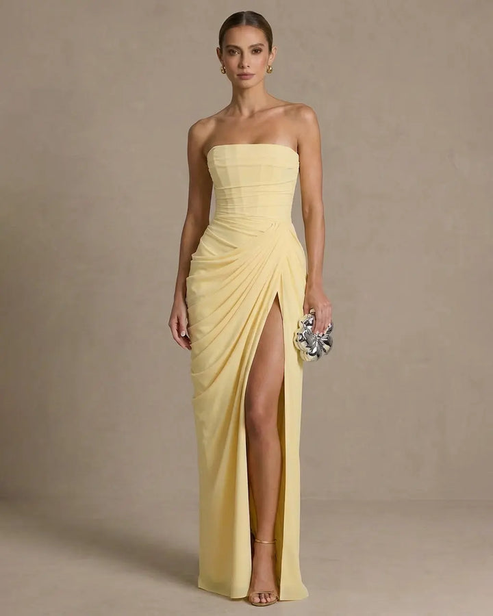 Elegant Corset Back Strapless Draped Side Slit Maxi Dress SOLACE