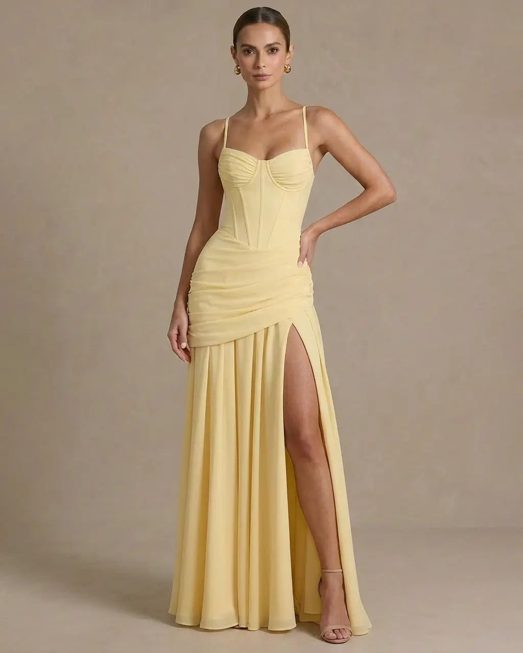 Yellow Spaghetti Strap Corset Ruched High Slit Maxi Dress SOLACE