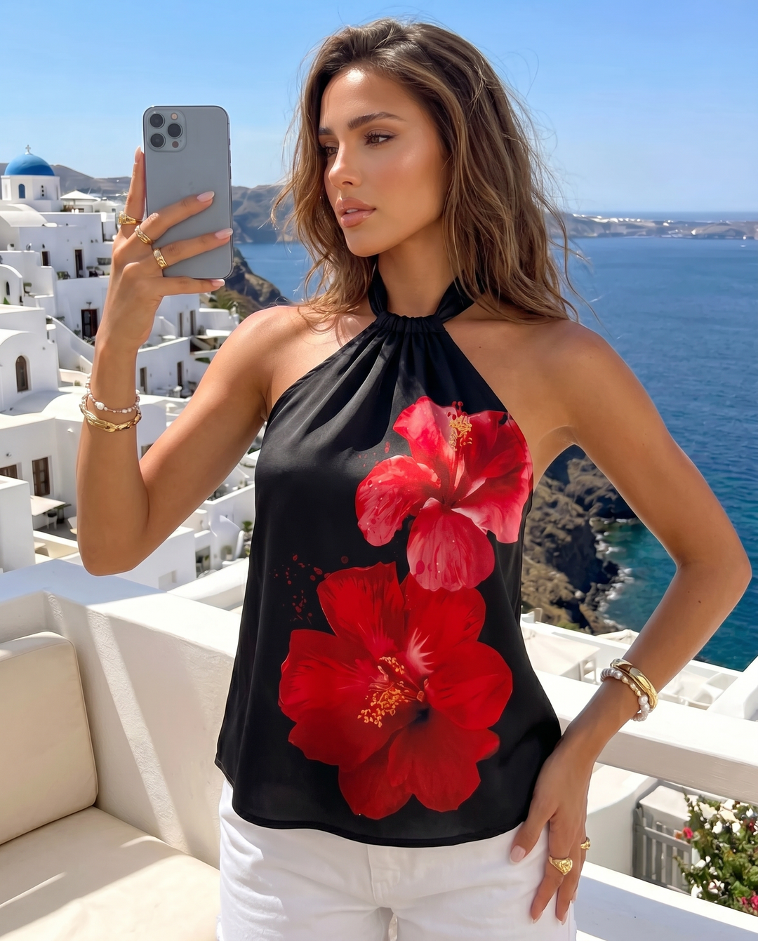 SOLACE  Black Red Hibiscus Print Halter Neck Top 