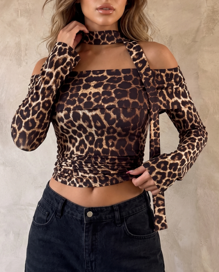 Leopard Off‑Shoulder Halter Tie Long Sleeve Crop Top