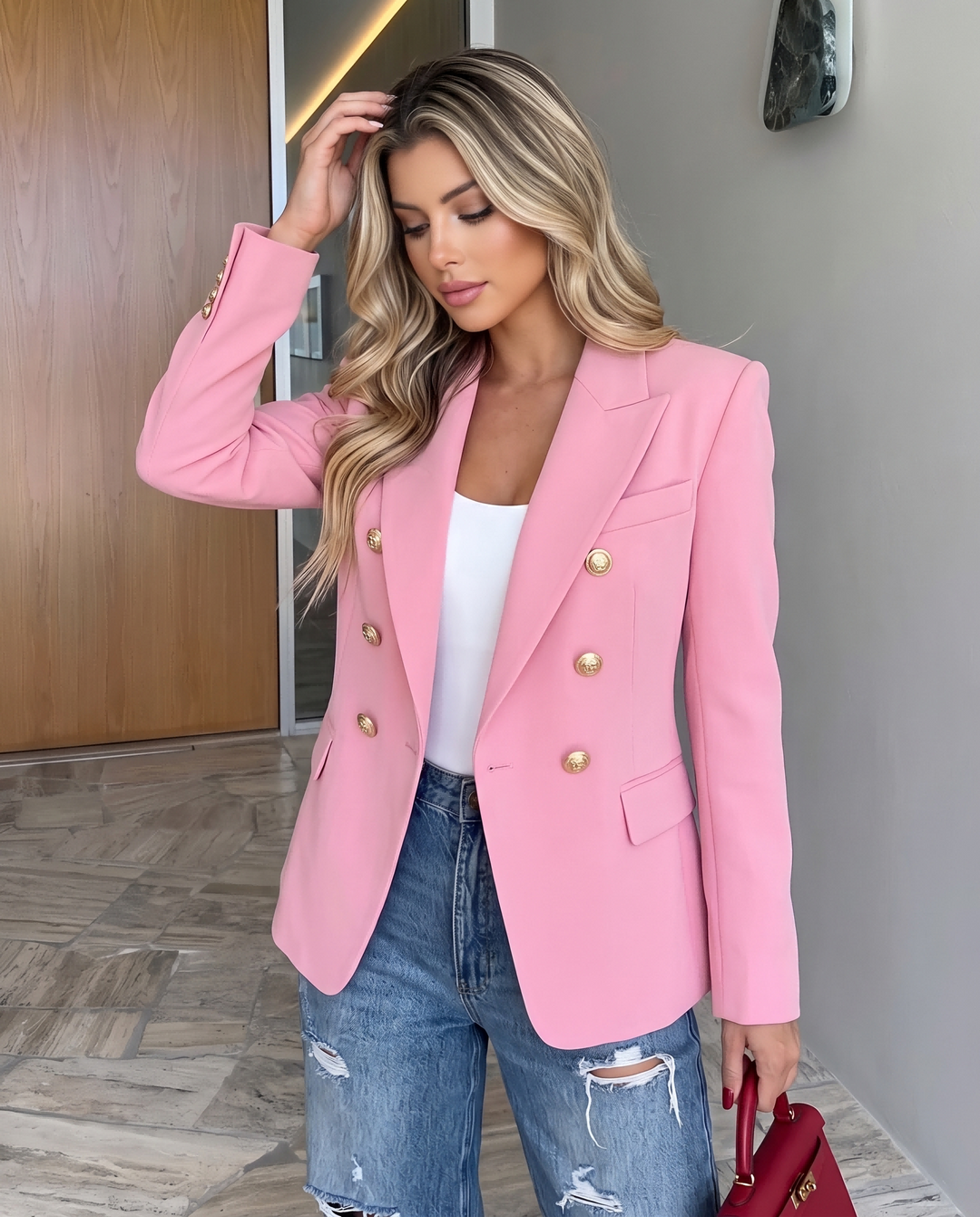 Double Breasted Notched Lapel Long Sleeve Pink Blazer