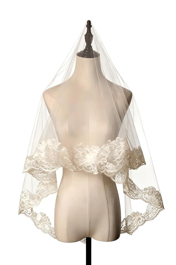 Floral Lace Edge White Tulle Wedding Bridal Veil