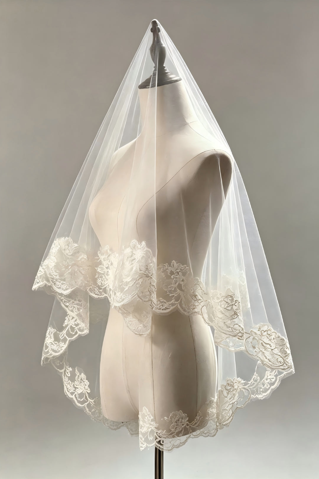 Floral Lace Edge White Tulle Wedding Bridal Veil