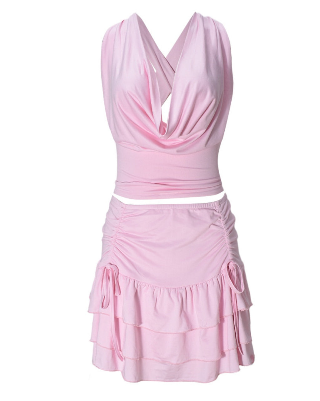 Pink Halter Cowl Neck Ruffled Mini Skirt Summer Set