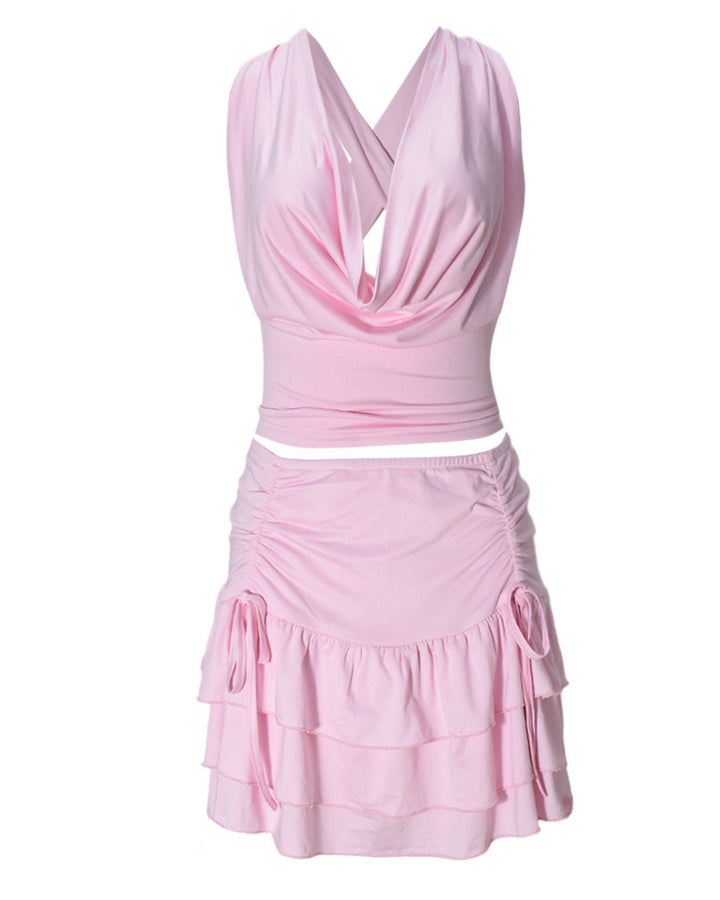 Pink Halter Cowl Neck Ruffled Mini Skirt Summer Set