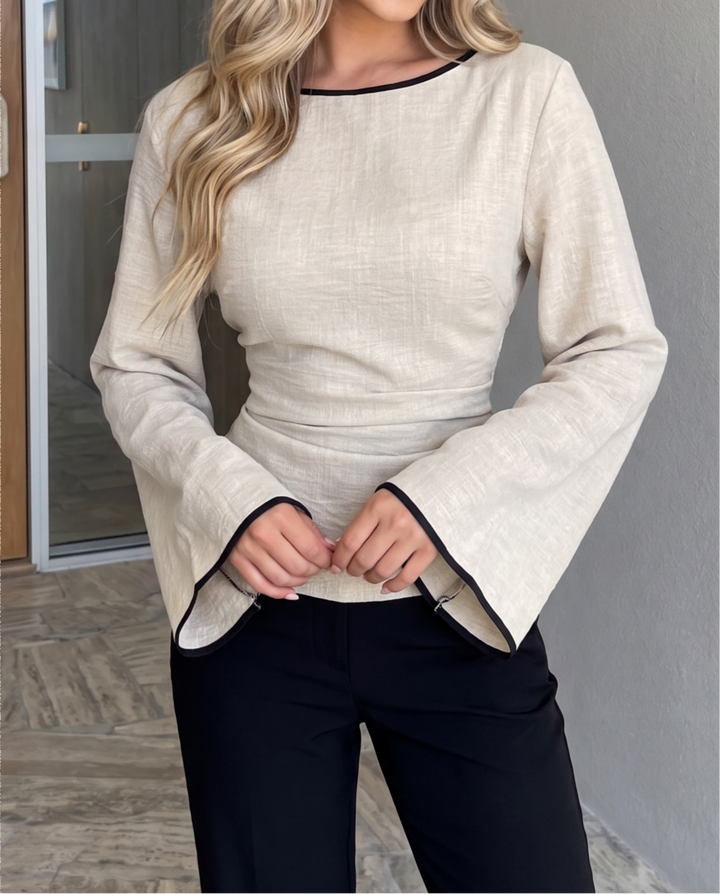 Contrast Trim Flare Sleeve Lace Up Back Blouse
