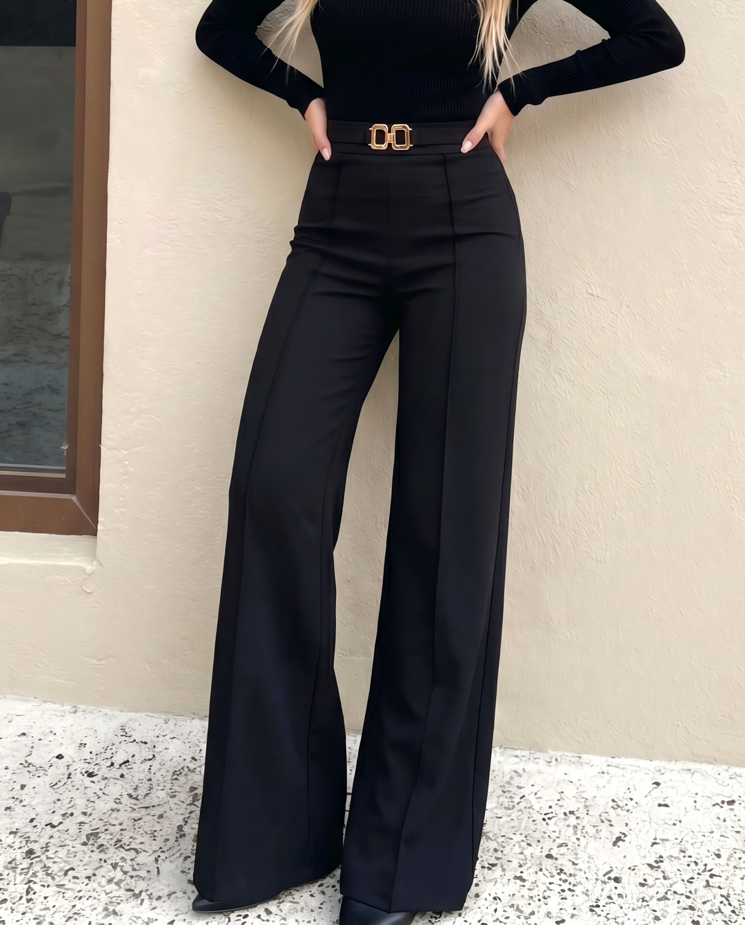 SOLACE  Black High Waist Wide Leg Dress Pants 