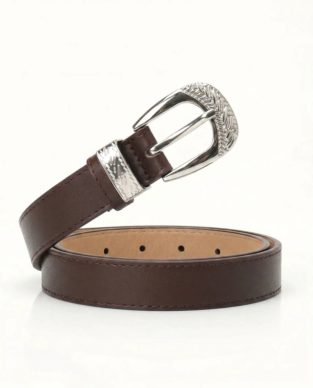 SOLACE  Coffee Faux Leather Engraved Silver Buckle Western Style Belt 