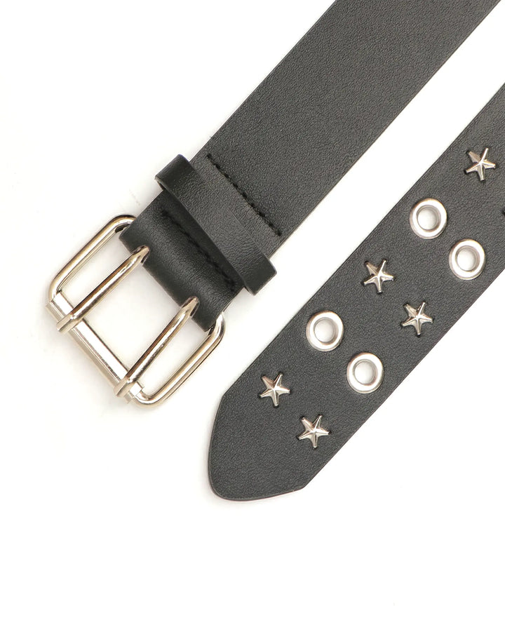SOLACE  Black Faux Leather Star Studded Double Prong Punk Belt 