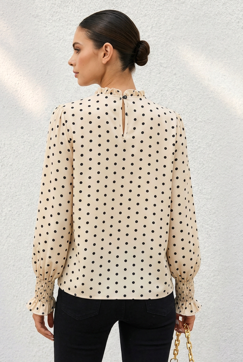 Vintage Smocked Cuff Polka Dot Long Sleeve Top
