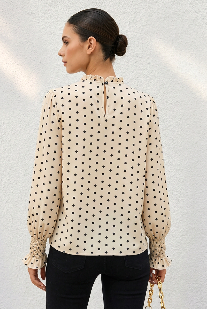 Vintage Smocked Cuff Polka Dot Long Sleeve Top